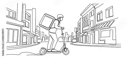 Urban Last Mile Delivery Courier on Electric Scooter for E-commerce Fulfillment and Fast Food Distribution in Modern Smart City Infrastructure for Sustainable Micro Mobility and Gig Economy Shipping