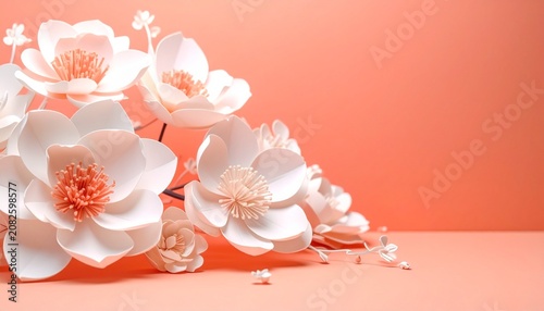 Paper Flower Arrangement: Delicate and intricate paper flowers in soft hues of white and peach create a stunning floral display against a warm coral background. beauty