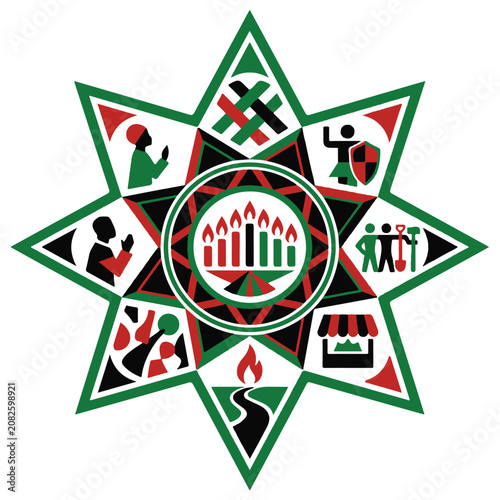 Kwanzaa seven principles icon set displayed in a decorative eight point star geometric design