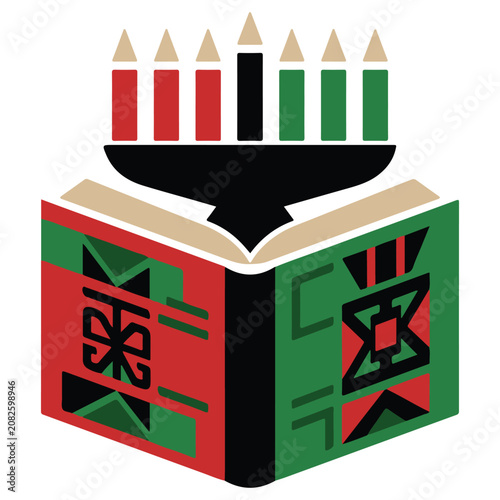 Open book with traditional african patterns and seven kinara candles for kwanzaa education