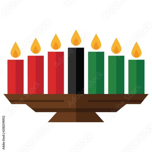 Lit kinara candles representing seven principles of kwanzaa on wooden stand with celebration
