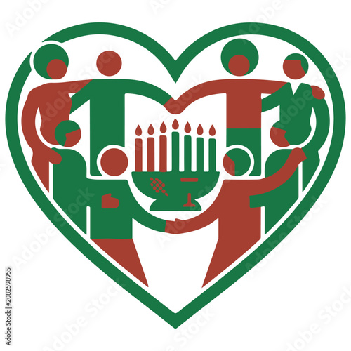People joining hands in heart shape surrounding kinara candle holder with community, celebration