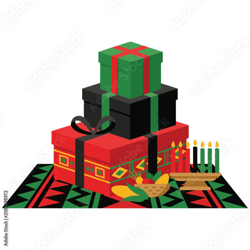 Stacked kwanzaa gift boxes beside kinara candle holder on patterned mat with presents, tradition