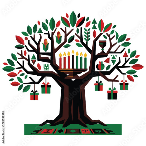 Stylized holiday tree with kwanzaa symbols gifts and lit kinara presents celebration tradition