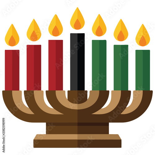 Traditional seven lit candles in a wooden kinara holder for kwanzaa festival celebration