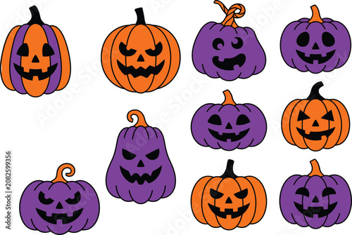 Vibrant Halloween Jack-o'-Lantern Pumpkins Flat Cartoon Set - Professional Stock