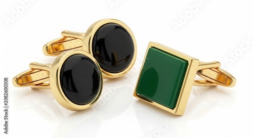 Luxury gold cufflinks with black onyx and green jade stones cufflinks accessory business corporate professional gentleman sophisticated polished isolated background prestige