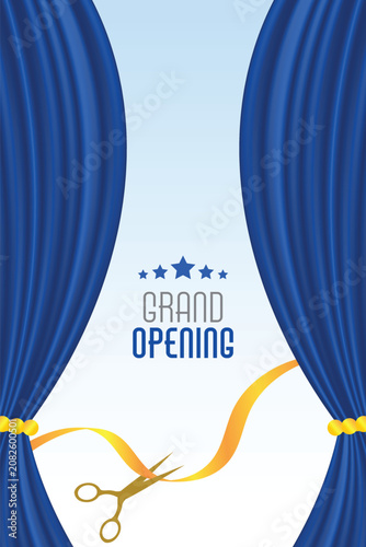 grand opening curtains with blue background and gold ribbon