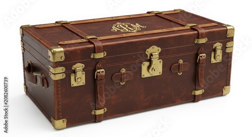 Vintage leather travel trunk with brass hardware and locks adventure heritage container suitcase vacation interior hardware transport