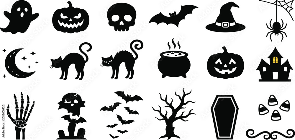Fototapeta premium Minimalist Halloween Silhouette Icon Set with Spooky Pumpkins Ghosts Skulls Bats Black Cats and Haunted House Vector Graphic Designs