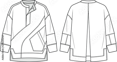 Konstfotografi Detailed black vector fashion technical flat sketch of long‑sleeve pullover top