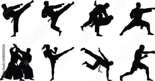 Black vector silhouettes of martial artists performing combat stances, high kicks, punches, throws, and defensive techniques for sports design