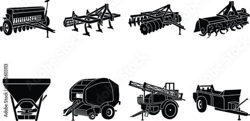 Foto Set of black vector silhouettes of modern agricultural machinery and farm equipm