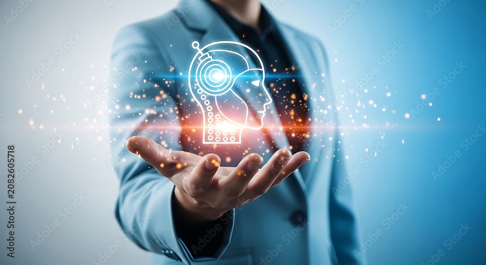 Fototapeta premium Businessman holding virtual ai robot head icon