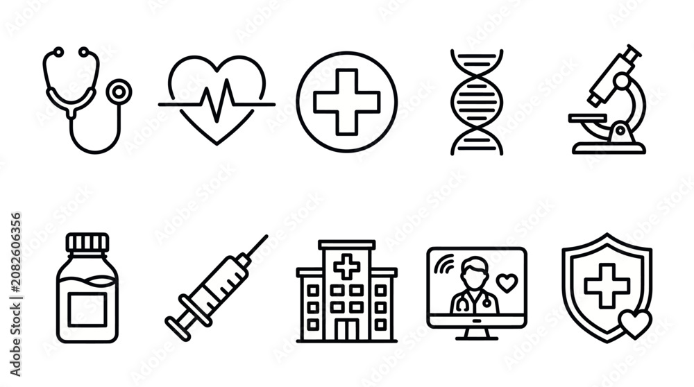 Fototapeta premium Healthcare technology and medical research outline icons set.
