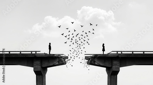 A man and a woman facing each other across a broken bridge symbolizing divorce and separation.