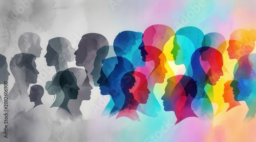 Abstract concept of demography change with colorful overlapping human silhouettes.