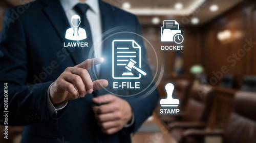 Professional lawyer using digital E-file system and electronic docket management interface in a modern courtroom setting for legal automation.