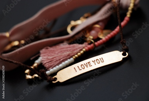 Personalized Gold Engraved I LOVE YOU Bar Bracelet with Tassel and Pink Beaded Details - Romantic Gift Jewelry