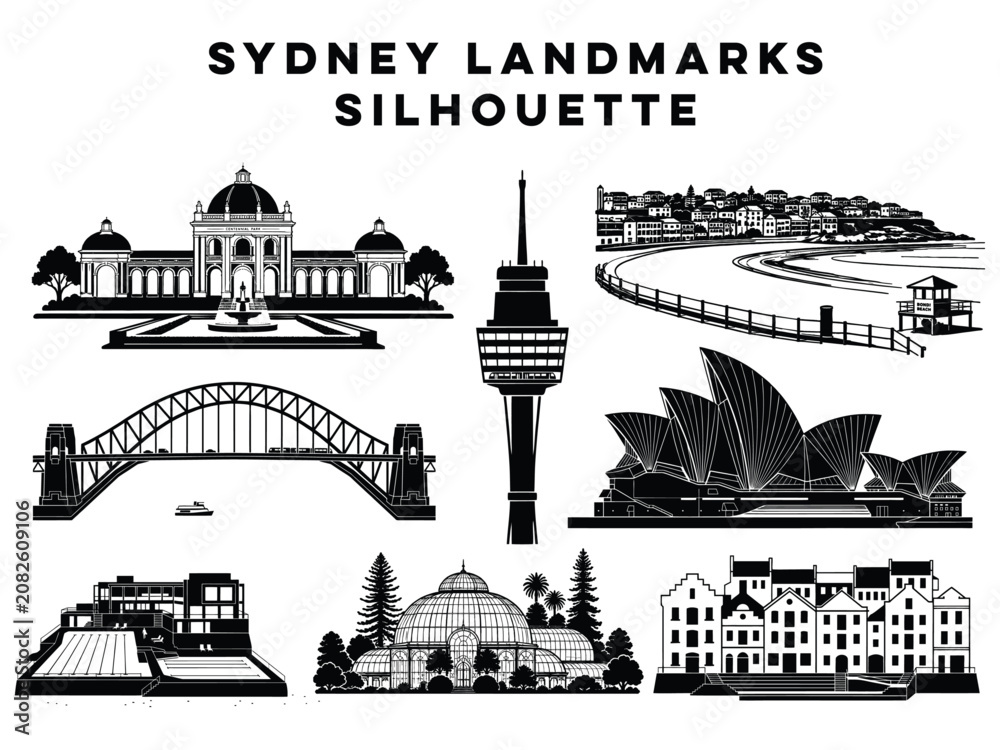 Obraz premium Sydney City Landmarks Silhouette Vector Collection