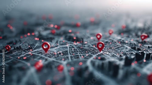 Abstract digital map with glowing red location pins and city lights