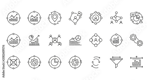 Data management and strategic growth business icons set.