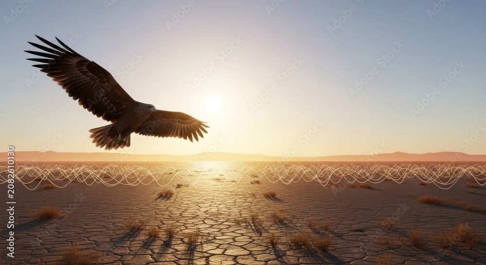 Naklejka premium Majestic brown eagles glide gracefully through intense shimmering heat waves over a parched desert landscape under a clear bright sun, haze, wings, high