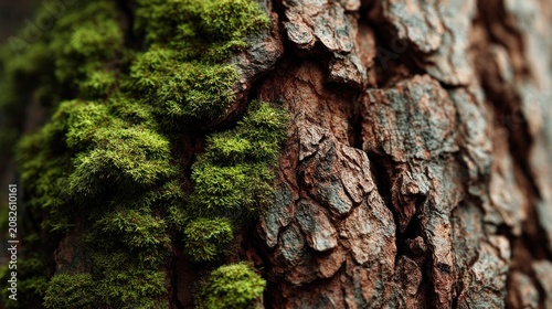 Close-up macro view of vibrant green moss growing on rough, textured tree bark in a forest