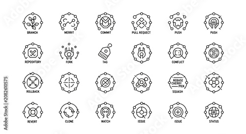 Obraz na plátně Git version control and software development workflow thin line icons