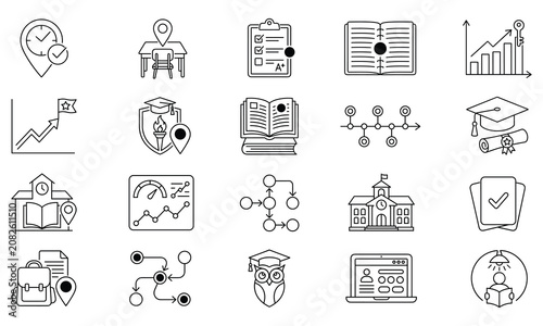 Education and learning outline icons set showing academic symbols and university