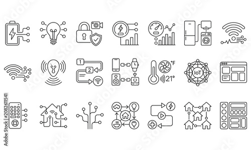 Internet of things iot technology smart home and automation linear icon collection