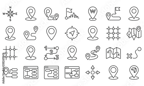 Map location and travel route destination navigation line icons set of symbols