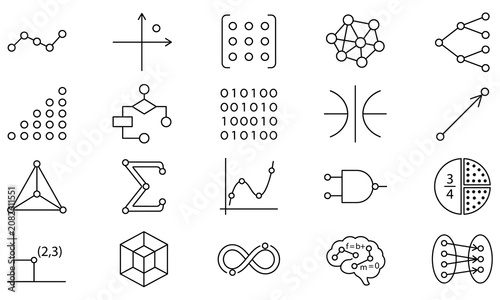 Mathematics and data science outline icons set with formulas and geometry shapes