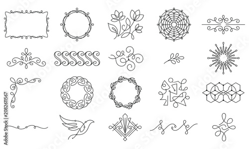 Ornate decorative flourishes and elegant line art floral frame border icons