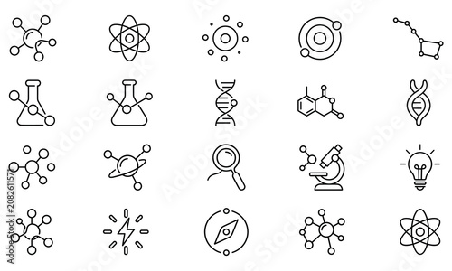 Scientific research icons set representing chemistry biology and physics studies