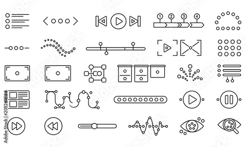 Set of audio and video control line icons on white background