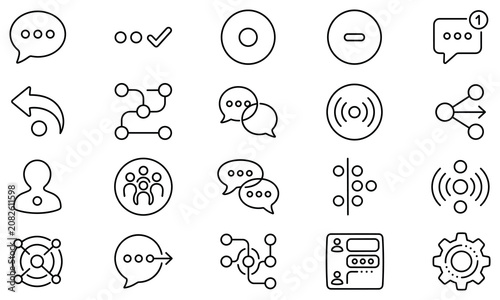 Set of black line icons on white background, communication and social media