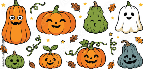 Cuadro en lienzo Cute Halloween pumpkin characters collection with spooky ghost smiling gourds and autumn leaves vector illustration