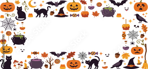 Cuadro en lienzo Halloween spooky frame border banner with pumpkins black cats cauldrons bats candy and witch hat vector