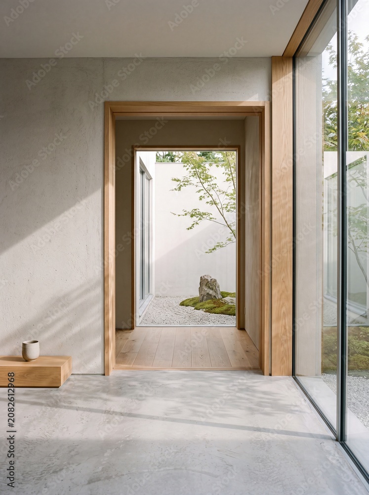 Fototapeta premium Natural light floods into a calm residential hallway with wood framing looking out towards a peaceful courtyard garden containing a tree and stone set amidst gravel paving in a luxury home