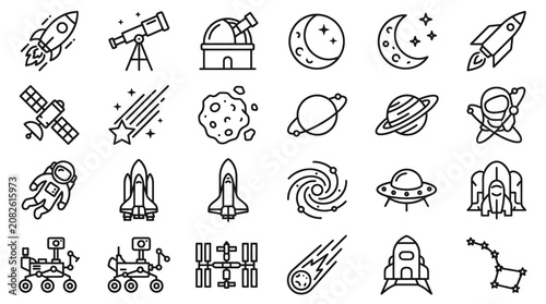 Fotografie Celestial bodies and space travel linear icon pack.