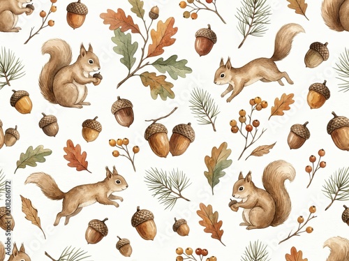 Rustic Watercolor Squirrels and Acorns Seamless Pattern