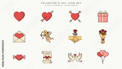 Set of colorful love and wedding icons with hearts, rings, cake, and doves Vector