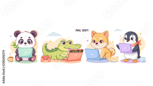 Three cute cartoon animals standing in a row with vegetables and fruits Vector