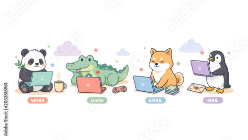 Set of six colorful cartoon animals standing in a row Vector