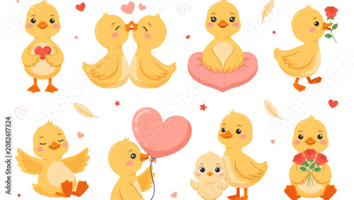 Group of cute yellow rubber duck toys floating together in water Vector