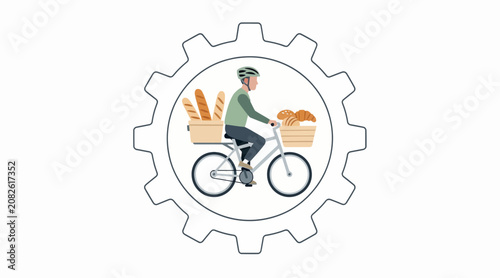 Baker on Bicycle Delivering Fresh Bread and Croissants within Gearwheel