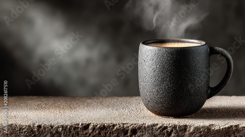 Steaming cup of coffee on textured stone surface with elegant dark backdrop highlighting warmth and richness of beverage experience in cozy atmosphere