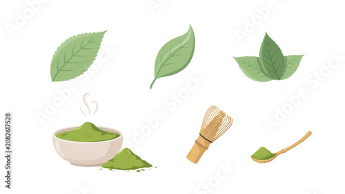 Green tea leaves and matcha powder in a bowl with wooden scoop Vector