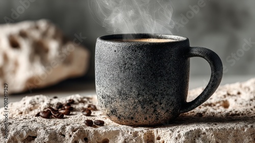 Steaming Black Coffee in Rustic Mug on Natural Stone Surface with Coffee Beans in Soft Light